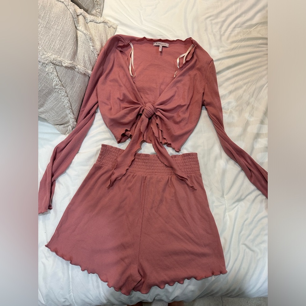 BCBGeneration Pink Tie-Front Top and Shorts Set